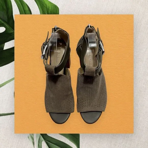 Marc Fisher Gabie Heels Grey Taupe Suede Cutout Block Heel Open Toe Cage Size 8M - Picture 4 of 13